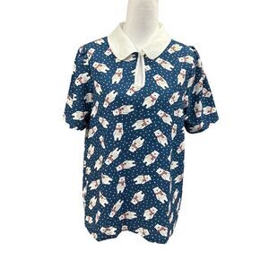NWOT ModCloth Novelty Polar Bear All Over Print Short Sleeve Collar Top Sz M